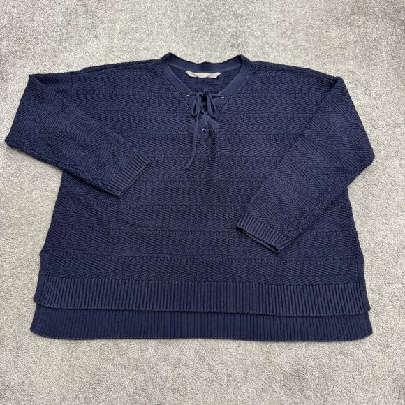 Athleta Sweaters - Athleta Sunset Lace Up Pullover Textured Knit Sweater Women XL Navy Blue Chevron